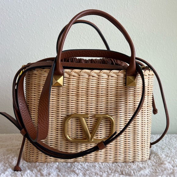 Valentino Handbags - Valentino Garavani VLogo Wicker Top Handle Bag – Straw & Leather Crossbody